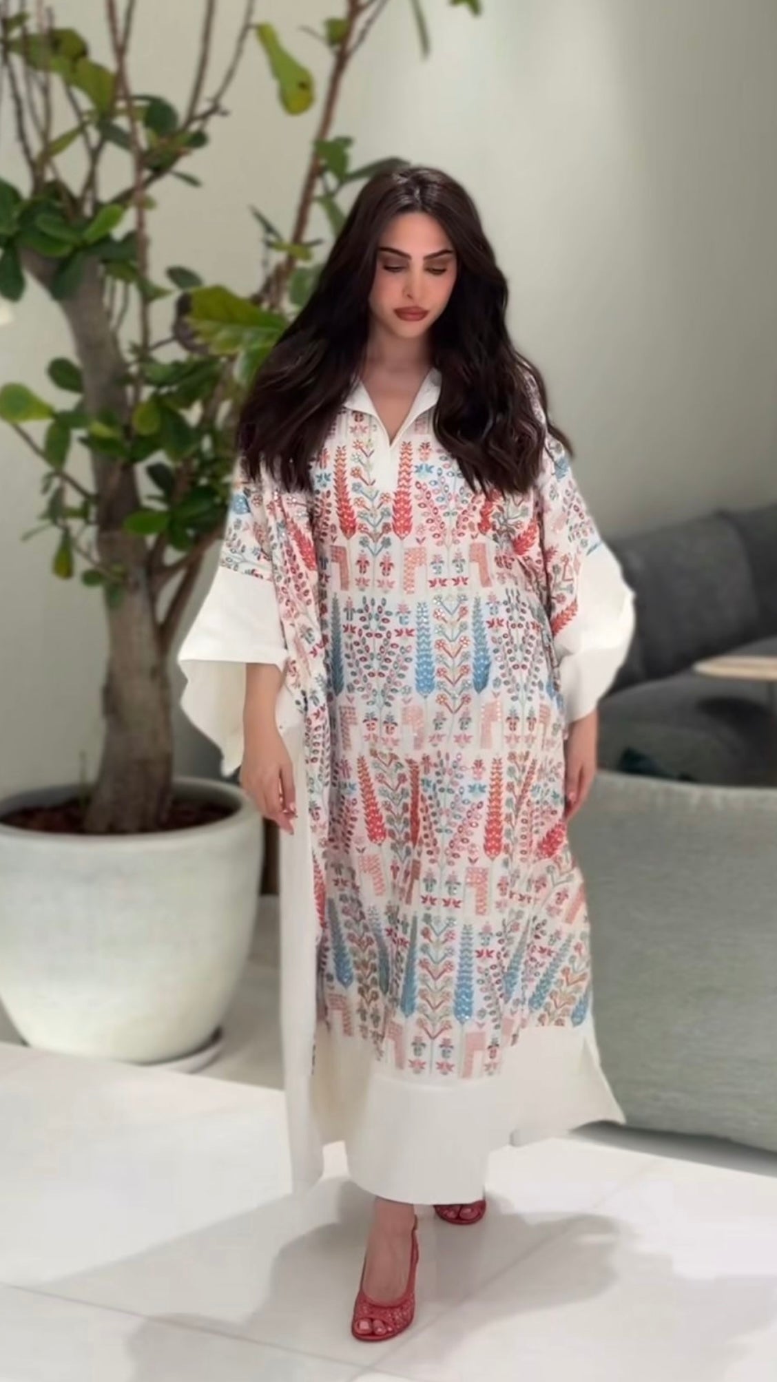 White Kaftan with colorful embroidery with internal belt, lined