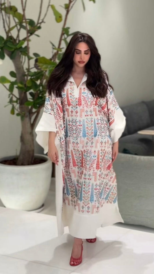 White Kaftan with colorful embroidery with internal belt, lined