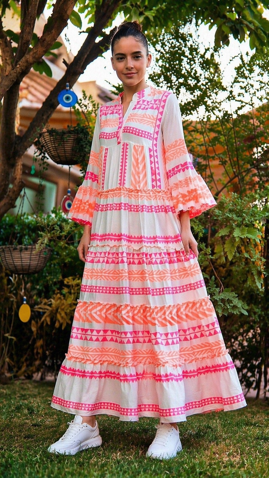 Pink Orange Maxi Dress Long sleeves