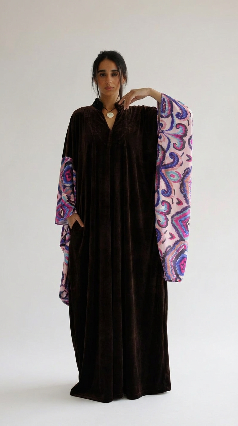 Woman wearing a long black dress with a colorful patterned shawl over her shoulders on a white background