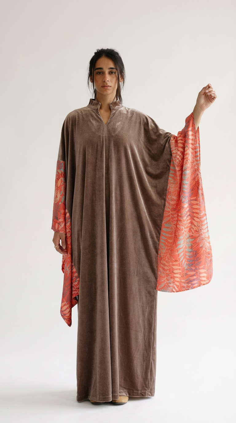 Person wearing a brown dress with orange accents on a white background