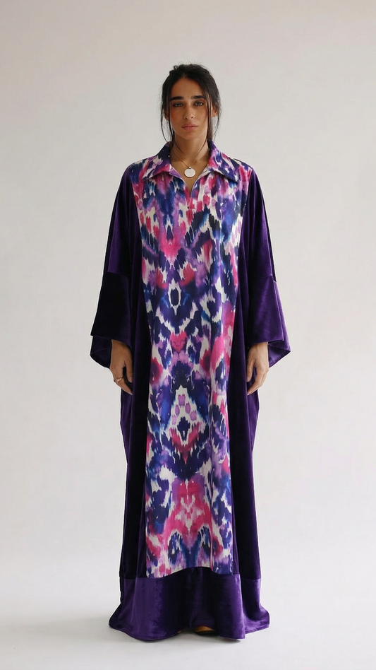 قفطان مخملي طويل بلون أرجواني قابل للتنسيق