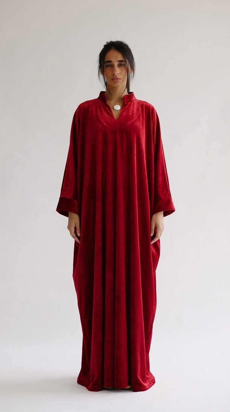 Woman wearing a red dress against a white background